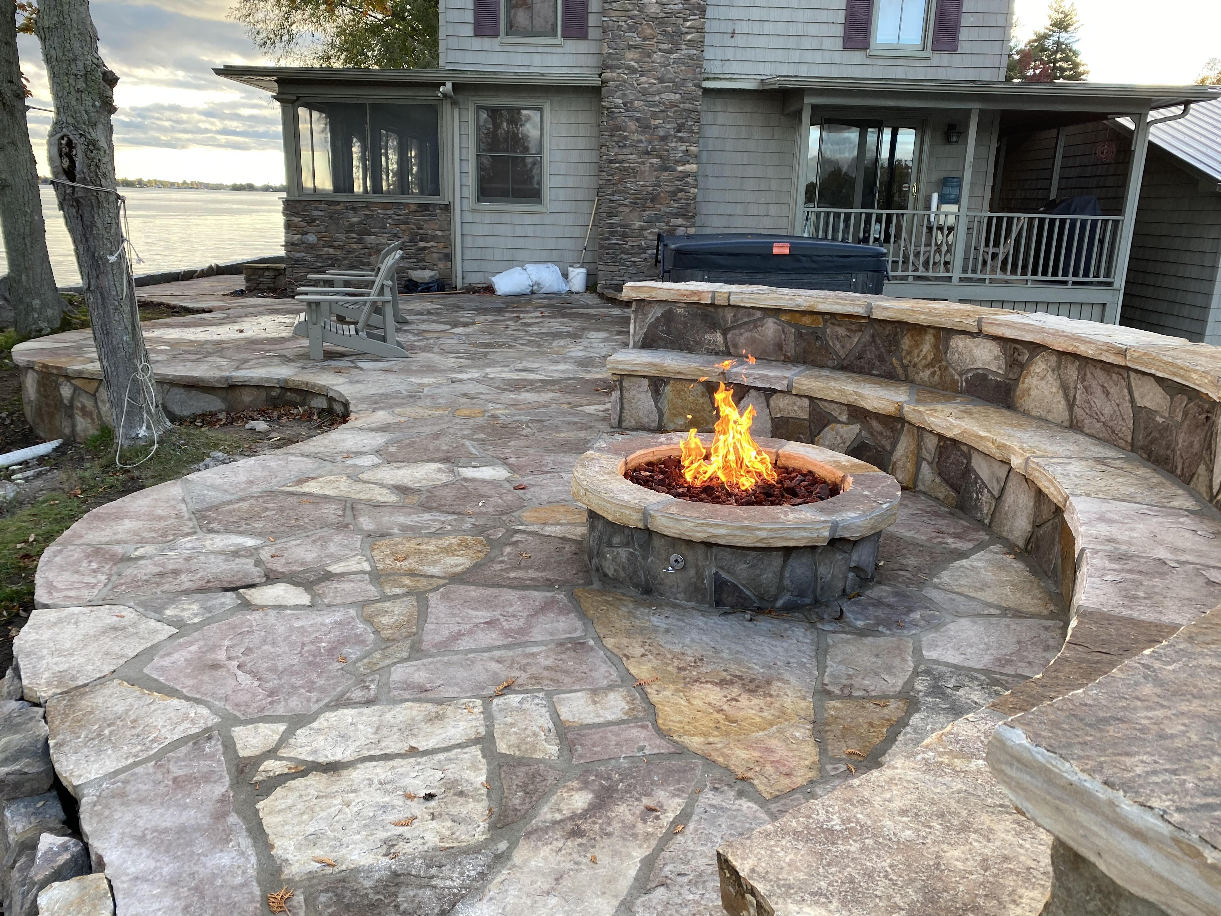 Flagstone Patio Sitting Bench Gas Fire Pit